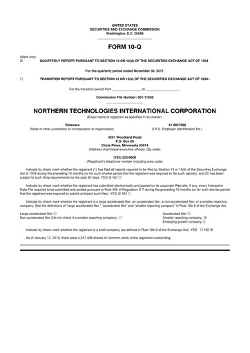 Thumbnail Northern Technologies International 10-Q Quarterly Report FY2018 