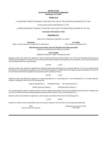 Thumbnail Clearfield 10-Q Quarterly Report FY2018 