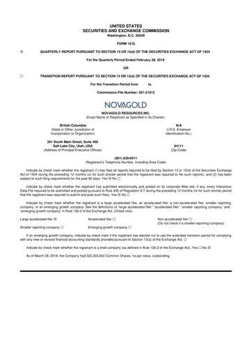 Thumbnail NovaGold Resources
 10-Q Quarterly Report FY2018 