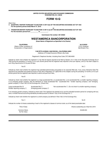 Thumbnail Westamerica Bancorporation
 10-Q Quarterly Report FY2018 