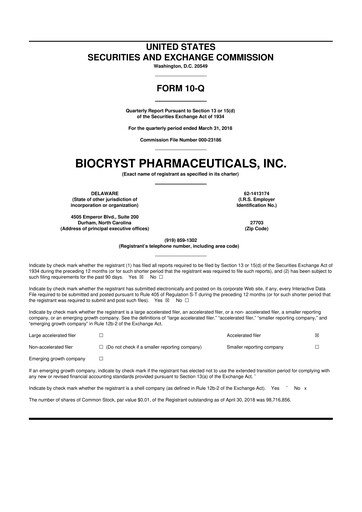 Thumbnail BioCryst Pharmaceuticals
 10-Q Quarterly Report FY2018 