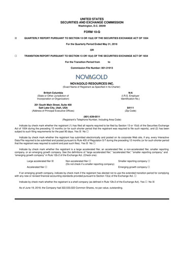 Thumbnail NovaGold Resources
 10-Q Quarterly Report FY2018 