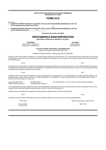 Thumbnail Westamerica Bancorporation
 10-Q Quarterly Report FY2018 