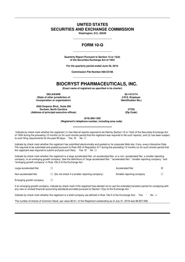 Thumbnail BioCryst Pharmaceuticals
 10-Q Quarterly Report FY2018 