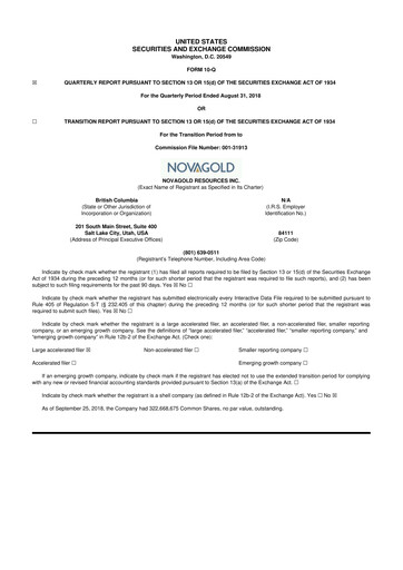 Thumbnail NovaGold Resources
 10-Q Quarterly Report FY2018 