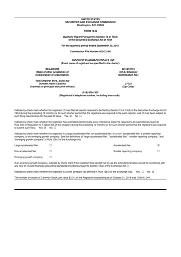 Thumbnail BioCryst Pharmaceuticals
 10-Q Quarterly Report FY2018 