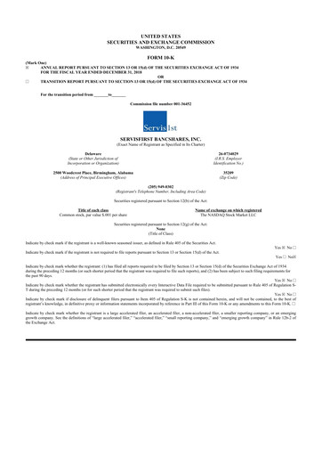 Thumbnail ServisFirst Bancshares 10-K Annual Report 2018