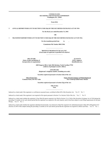 Thumbnail BioCryst Pharmaceuticals
 10-K Annual Report 2018