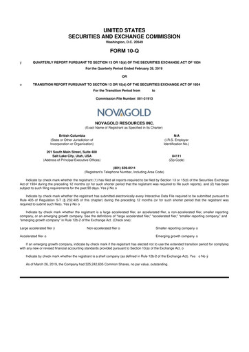 Thumbnail NovaGold Resources
 10-Q Quarterly Report FY2019 