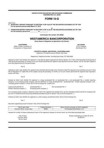 Thumbnail Westamerica Bancorporation
 10-Q Quarterly Report FY2019 