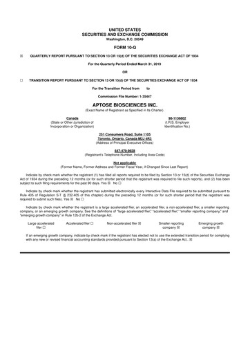 Thumbnail Aptose Biosciences 10-Q Quarterly Report FY2019 
