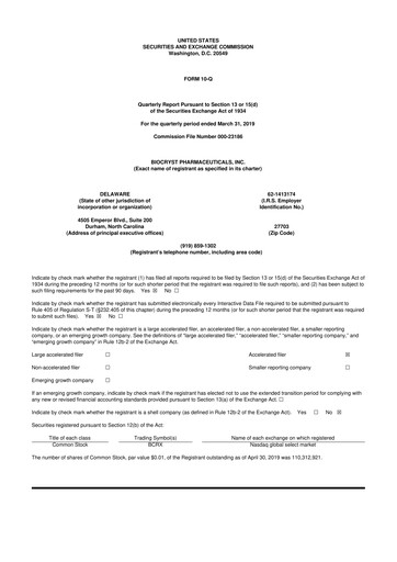 Thumbnail BioCryst Pharmaceuticals
 10-Q Quarterly Report FY2019 