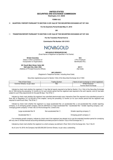 Thumbnail NovaGold Resources
 10-Q Quarterly Report FY2019 