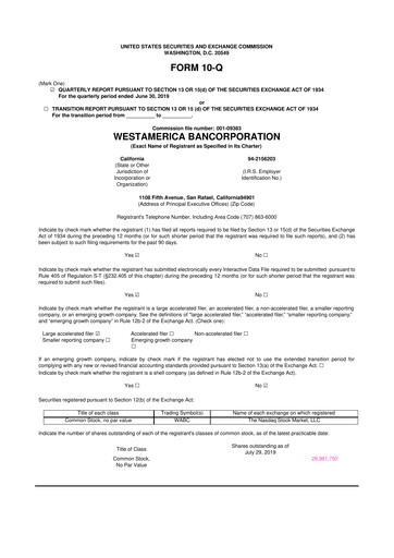 Thumbnail Westamerica Bancorporation
 10-Q Quarterly Report FY2019 