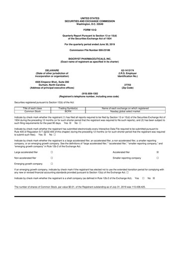 Thumbnail BioCryst Pharmaceuticals
 10-Q Quarterly Report FY2019 