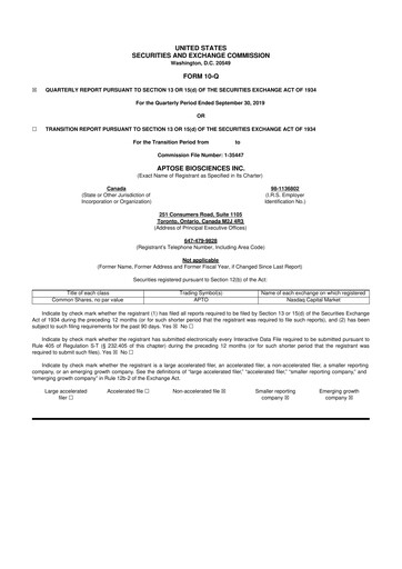 Thumbnail Aptose Biosciences 10-Q Quarterly Report FY2019 