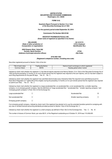 Thumbnail BioCryst Pharmaceuticals
 10-Q Quarterly Report FY2019 