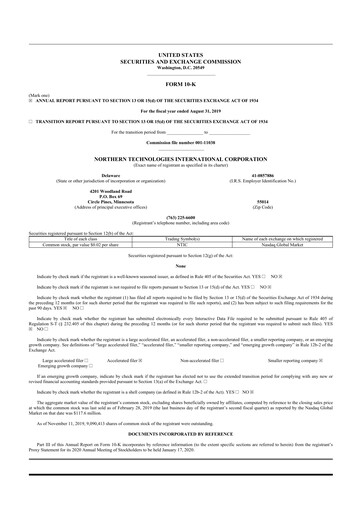 Thumbnail Northern Technologies International 10-K Annual Report 2019