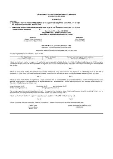 Thumbnail Westamerica Bancorporation
 10-Q Quarterly Report FY2020 