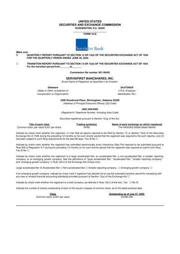 Vorschaubild ServisFirst Bancshares 10-Q Quartalsbericht 2020 
