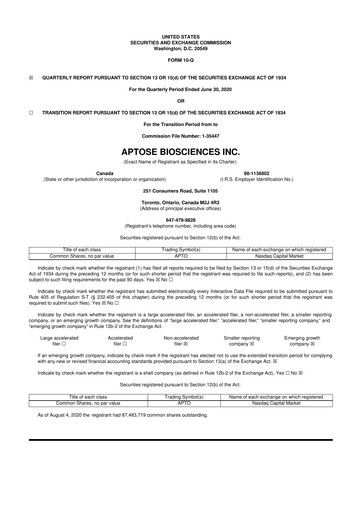 Thumbnail Aptose Biosciences 10-Q Quarterly Report FY2020 