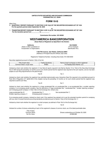 Thumbnail Westamerica Bancorporation
 10-Q Quarterly Report FY2020 