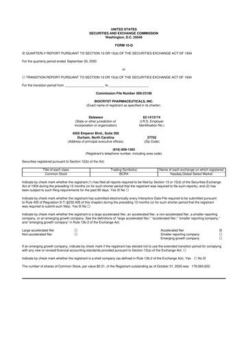 Thumbnail BioCryst Pharmaceuticals
 10-Q Quarterly Report FY2020 