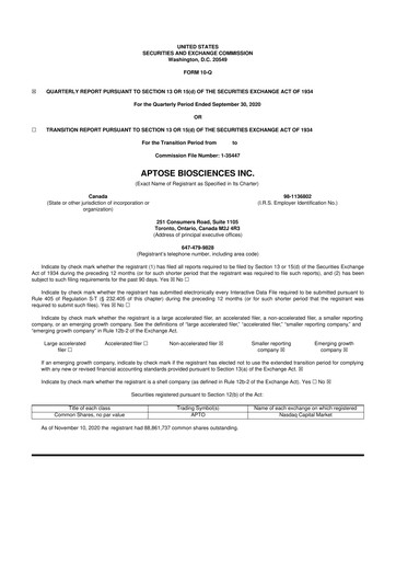 Thumbnail Aptose Biosciences 10-Q Quarterly Report FY2020 