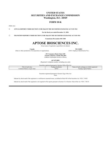 Thumbnail Aptose Biosciences 10-K Annual Report 2020
