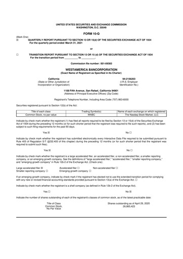 Thumbnail Westamerica Bancorporation
 10-Q Quarterly Report FY2021 