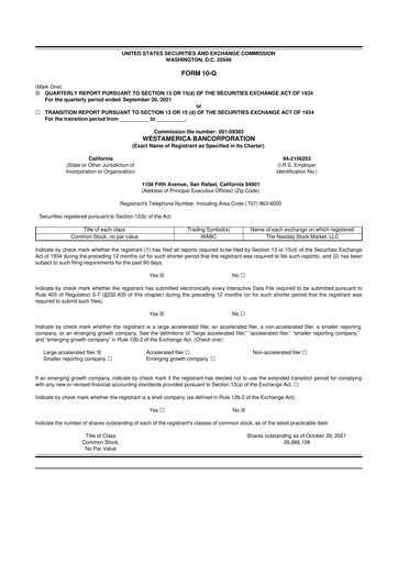 Thumbnail Westamerica Bancorporation
 10-Q Quarterly Report FY2021 