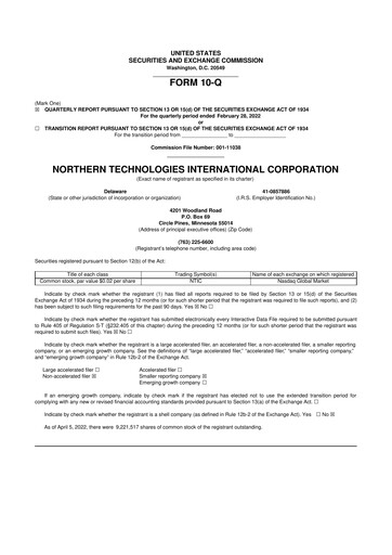 Thumbnail Northern Technologies International 10-Q Quarterly Report FY2022 
