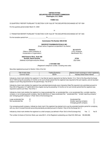 Thumbnail BioCryst Pharmaceuticals
 10-Q Quarterly Report FY2022 
