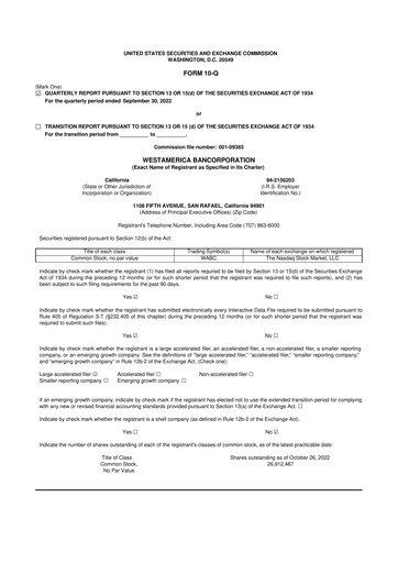 Thumbnail Westamerica Bancorporation
 10-Q Quarterly Report FY2022 