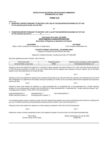 Thumbnail Westamerica Bancorporation
 10-Q Quarterly Report FY2024 