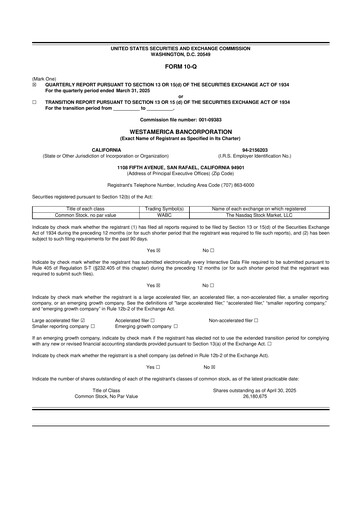 Thumbnail Westamerica Bancorporation
 10-Q Quarterly Report FY2025 