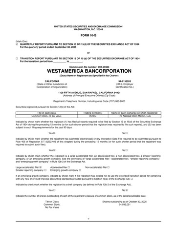 Thumbnail Westamerica Bancorporation
 10-Q Quarterly Report FY2025 