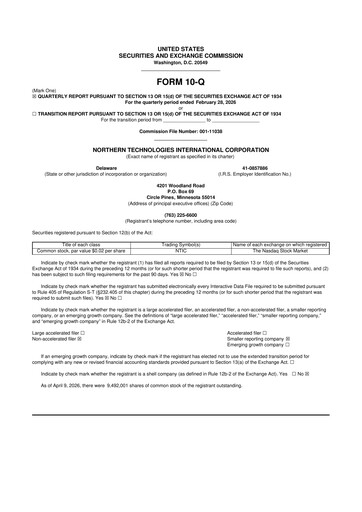 Thumbnail Northern Technologies International 10-Q Quarterly Report FY 