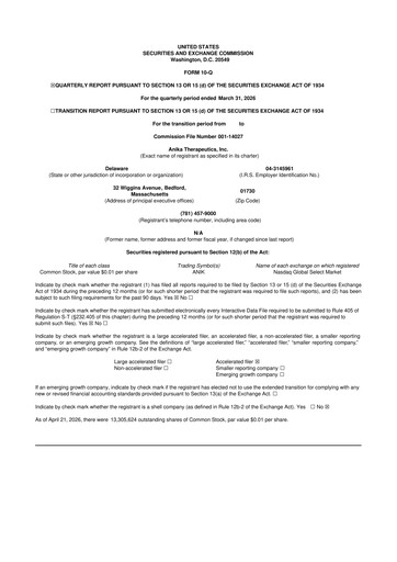 Vorschaubild Anika Therapeutics 10-Q Quartalsbericht  