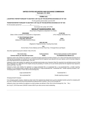Thumbnail Nicolet Bankshares 10-Q Quarterly Report FY2019 