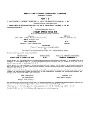Thumbnail Nicolet Bankshares 10-Q Quarterly Report FY2020 