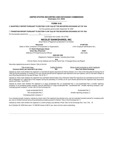 Thumbnail Nicolet Bankshares 10-Q Quarterly Report FY2025 
