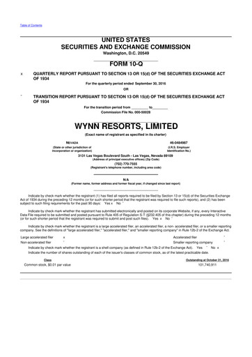 Thumbnail Wynn Resorts
 10-Q Quarterly Report FY2016 