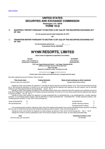 Thumbnail Wynn Resorts
 10-Q Quarterly Report FY2019 