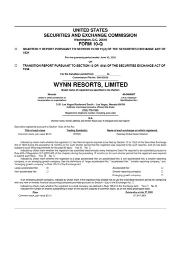 Thumbnail Wynn Resorts
 10-Q Quarterly Report FY2020 
