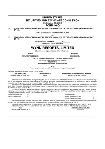 Thumbnail Wynn Resorts
 10-Q Quarterly Report FY2020 