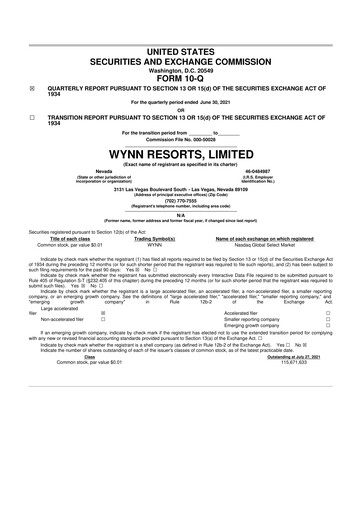 Thumbnail Wynn Resorts
 10-Q Quarterly Report FY2021 