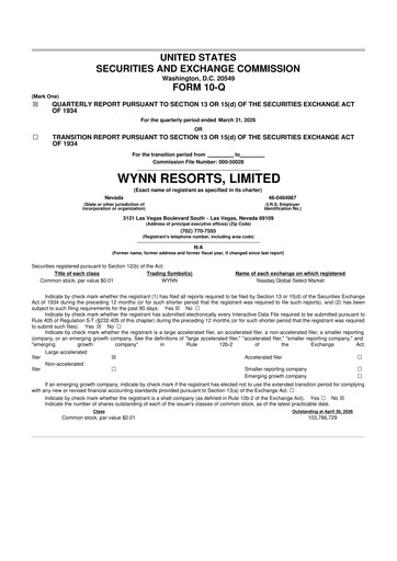 Thumbnail Wynn Resorts
 10-Q Quarterly Report FY 
