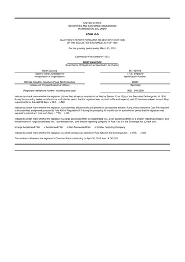 Thumbnail First Bancorp
 10-Q Quarterly Report FY2015 