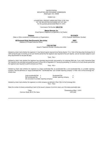 Miniature Magyar Bancorp 10-Q Rapport trimestriel 2015 